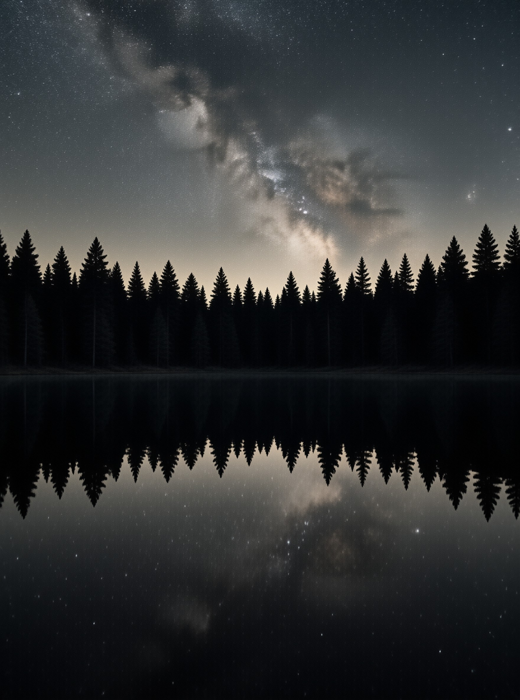 A black band of conifer trees divides a starlit sky from its mirror image in a windless lake at night.