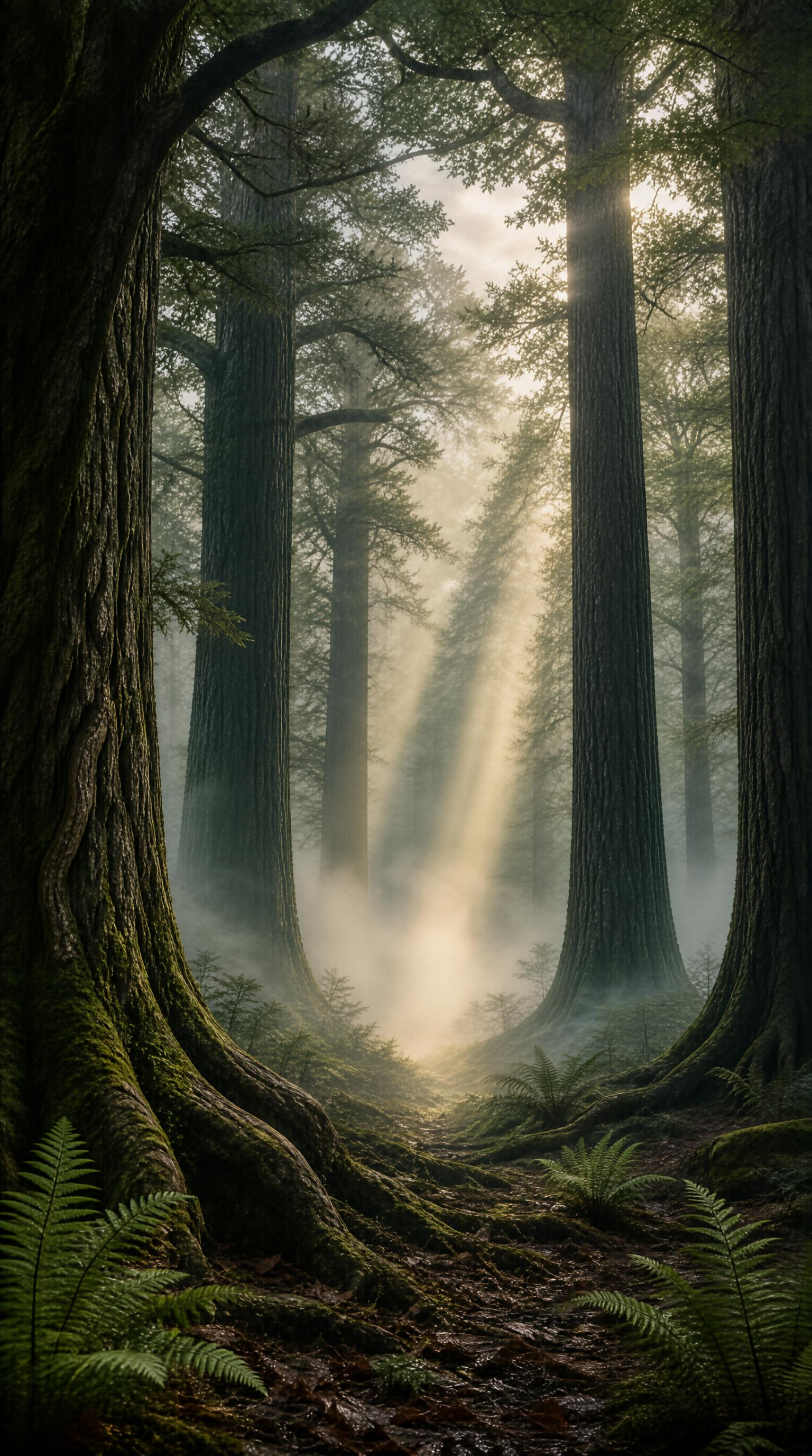 Misty Ancient Forest Sunbeams