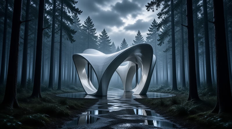 A futuristic white structure stands in a dark misty pine forest with wet ground reflecting the cloudy sky above.