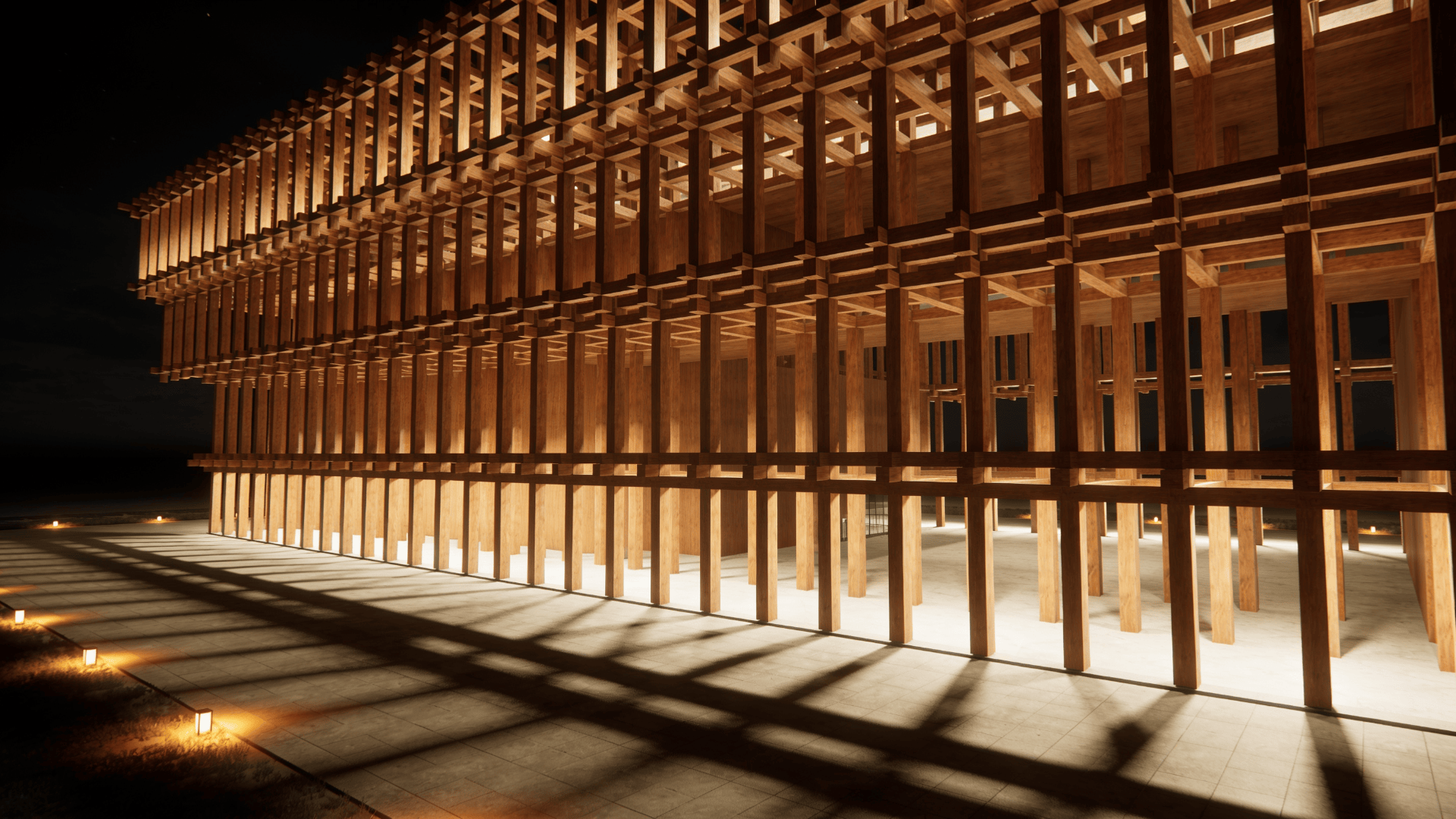Museum with Wooden Lattice — Night With Warm Lights