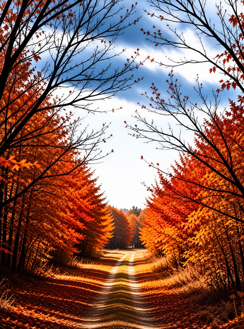 A winding dirt road cuts through a forest of trees with bright orange autumn leaves against a blue sky.