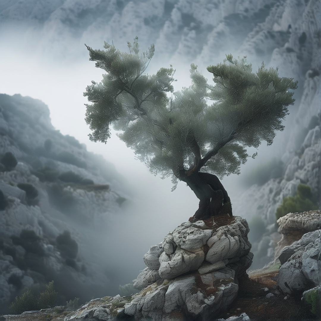 Solitary Tree on Misty Cliff