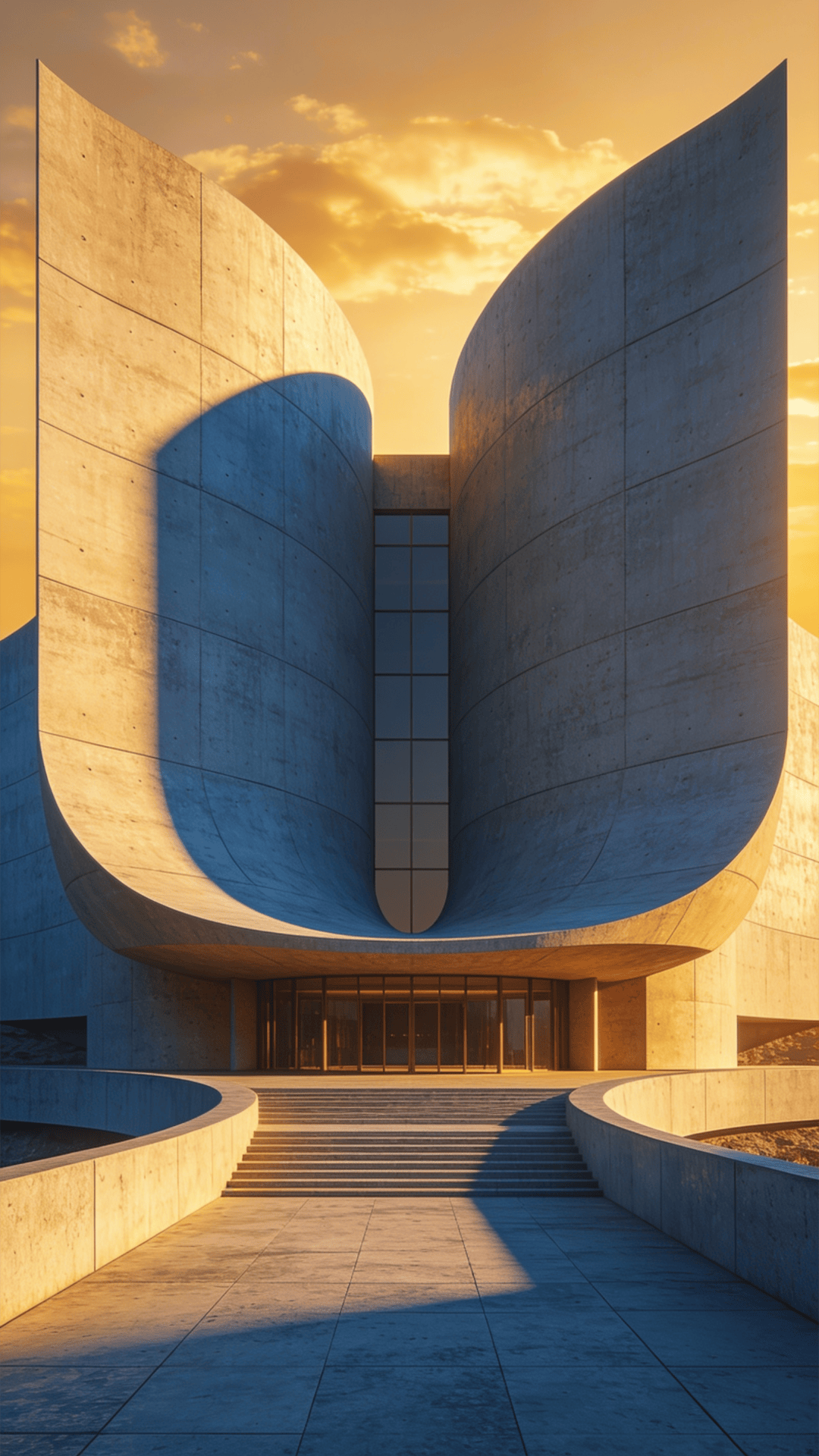 Museum with Curved Concrete — Golden Sunset