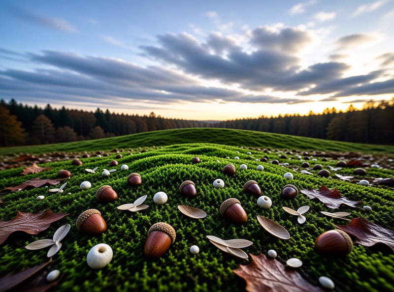 Green mossy terrain covered with acorns and leaves beneath a cloudy sky with warm light near the horizon line.