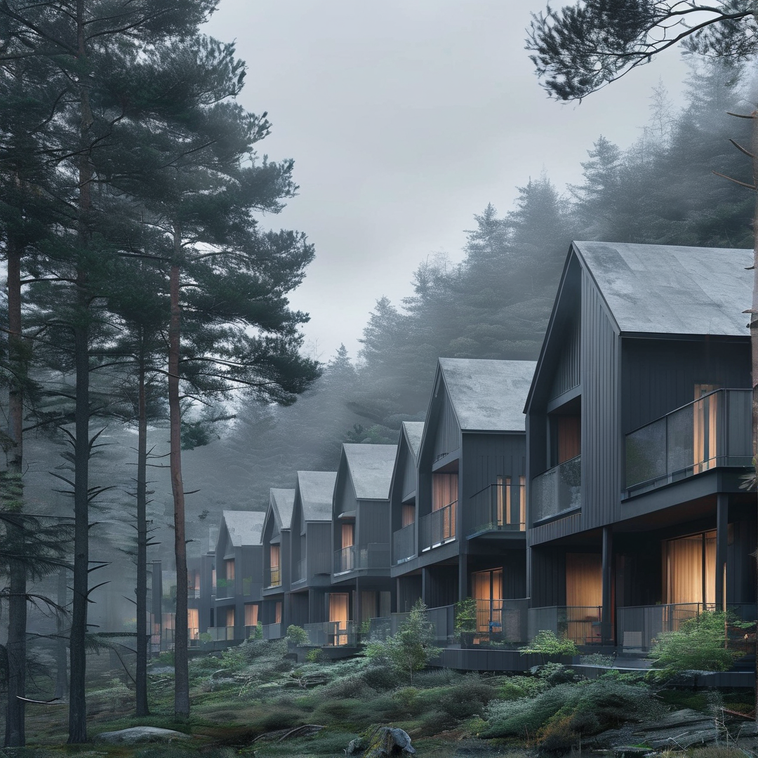 Timber Lodges in Misty Forest