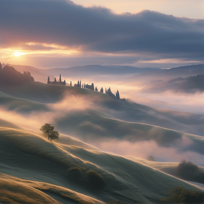 Sunrise Over Misty Hills