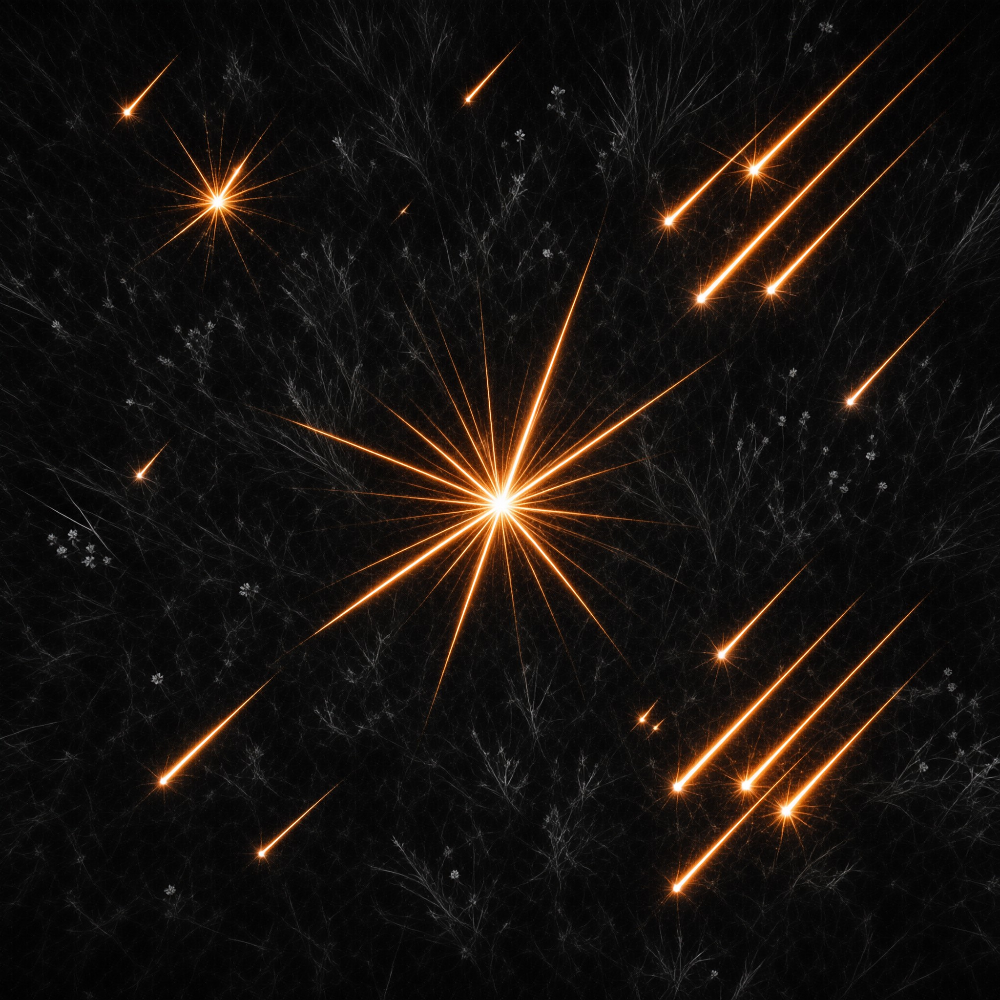 Bright orange light trails expand from a central point against a pitch black void featuring faint web like textures.