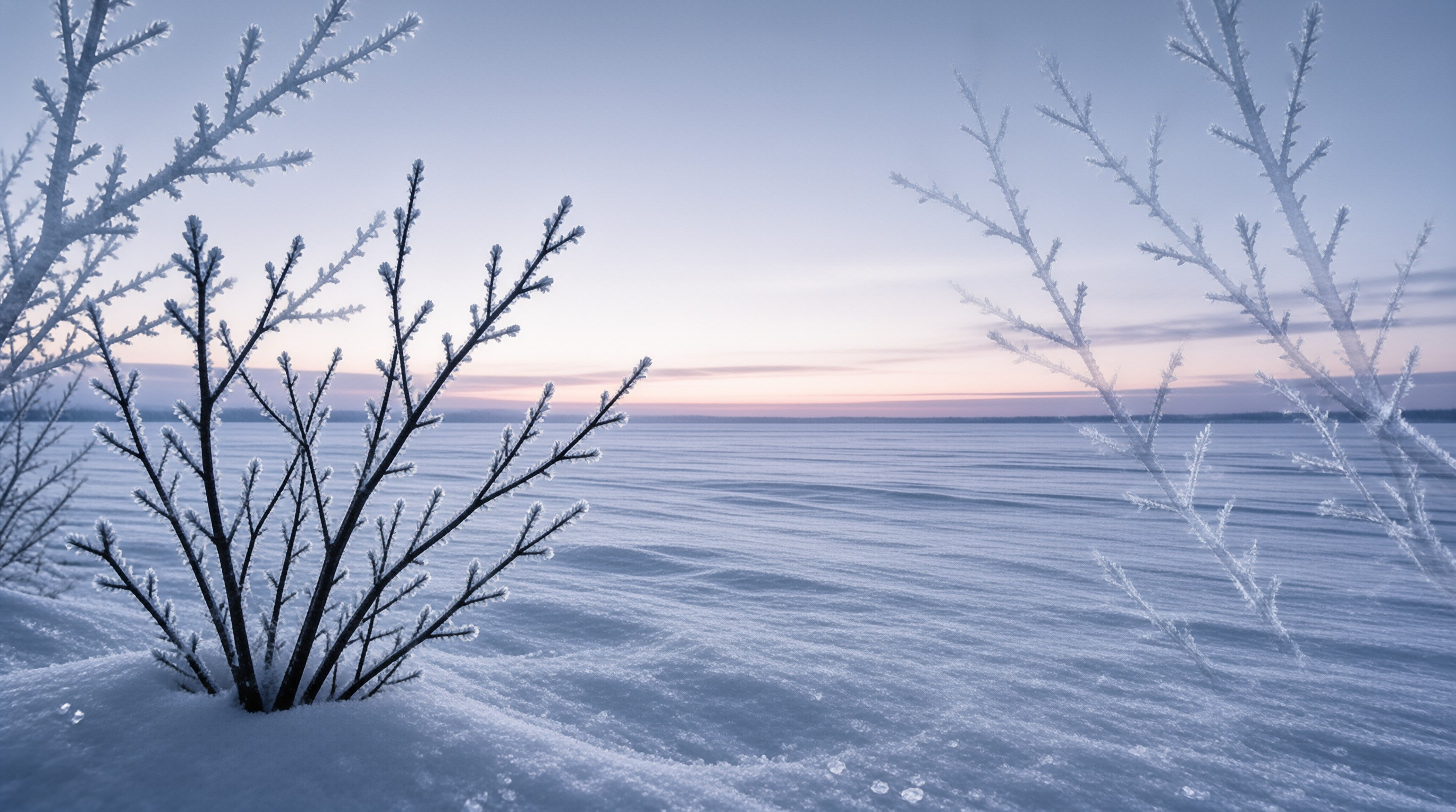 Dark branches covered in frost frame a snowy landscape under a sky with pink and blue hues near the horizon.