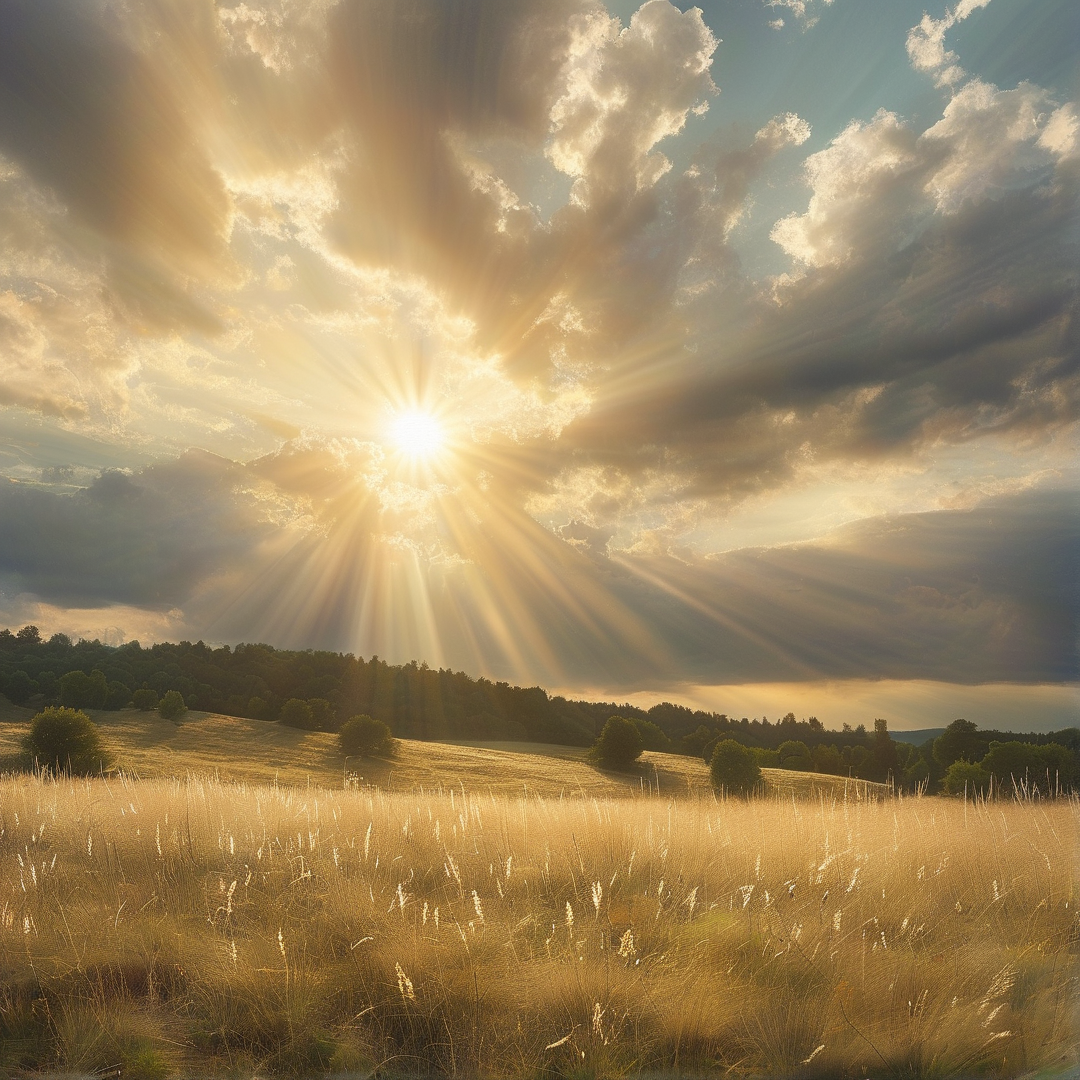 Radiant sun rays burst through heavy clouds above a windswept meadow of pale dry grass and dark tree lines.