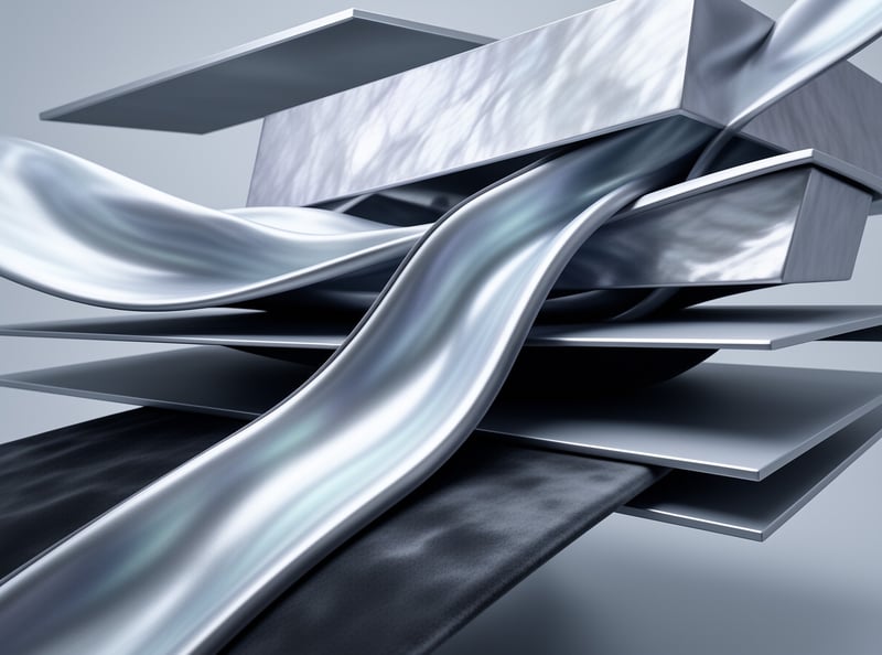 A glossy metallic ribbon curves downward between layered rectangular steel plates over dark folded fabric.
