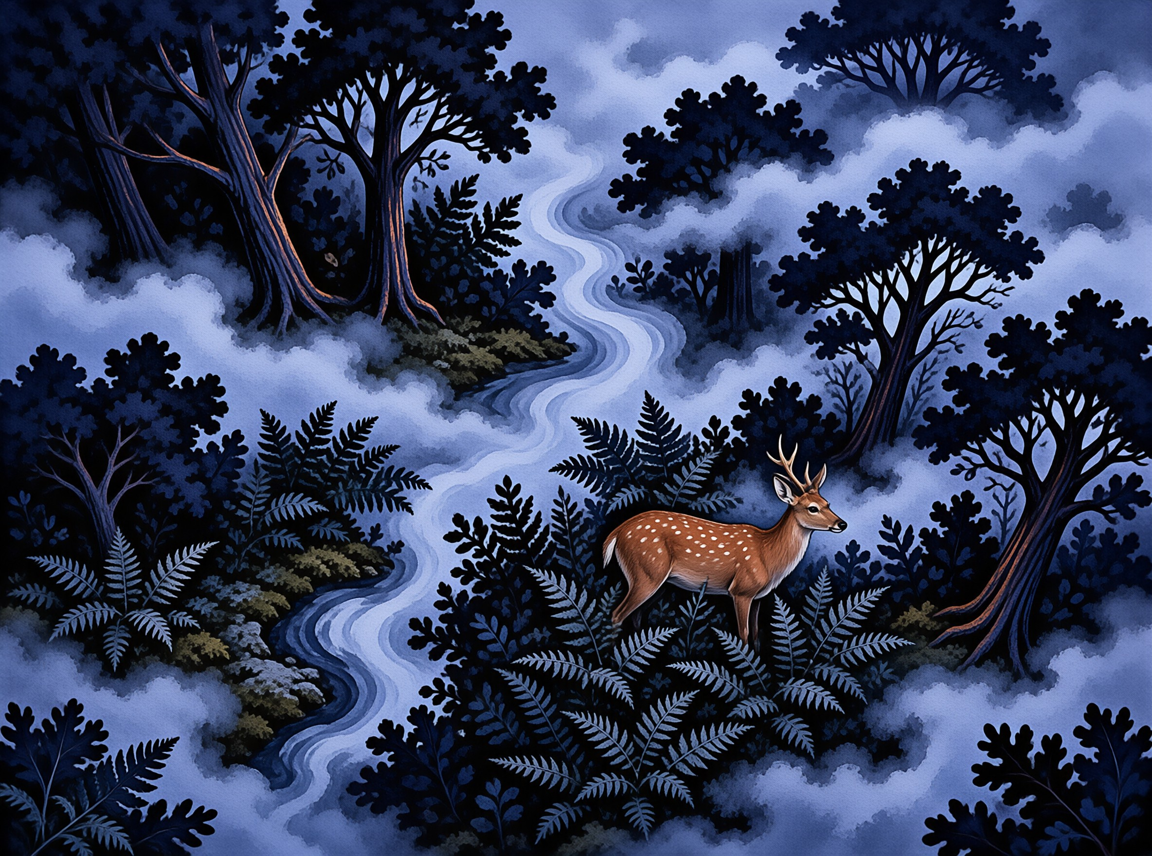 A brown deer with antlers stands among ferns while a winding stream flows through a foggy blue forest at night.