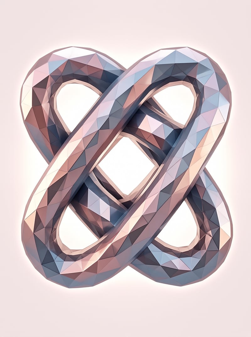 A three-dimensional faceted infinity symbol rendered in pastel pinks and blues floats against a smooth pale pink background.