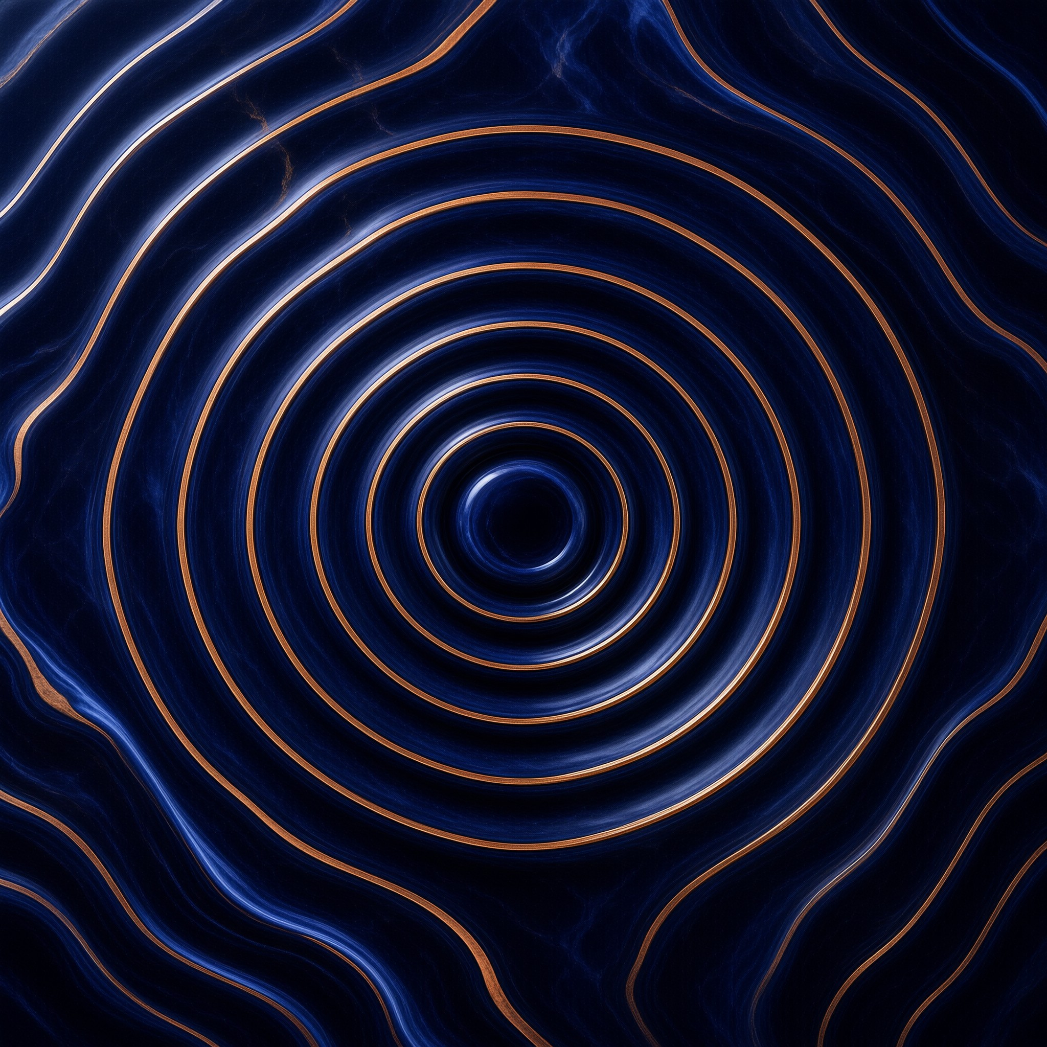 Concentric metallic copper rings sit set into smooth glossy dark blue swirling marbled surface with a subtle soft glow at the deep central core.
