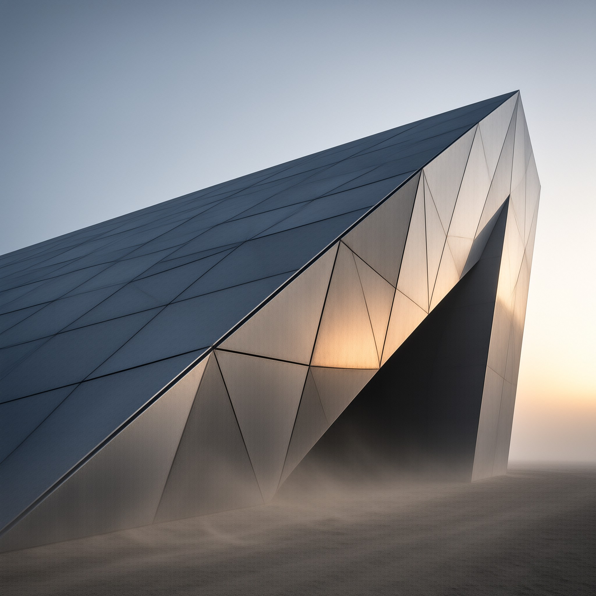 A large angular structure stands in a misty landscape with warm light highlighting its geometric triangular panels.