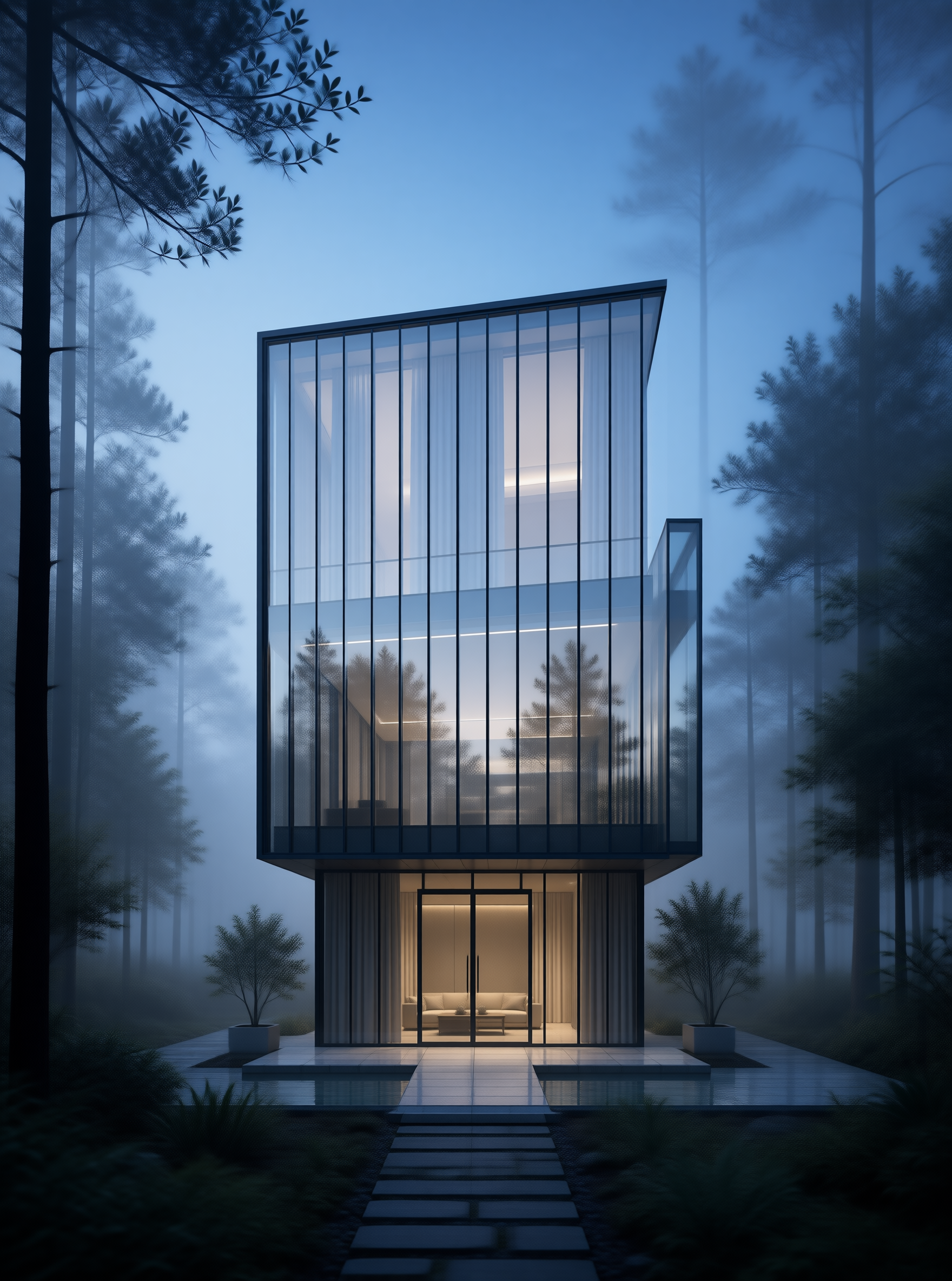 Glass Villa in Foggy Forest