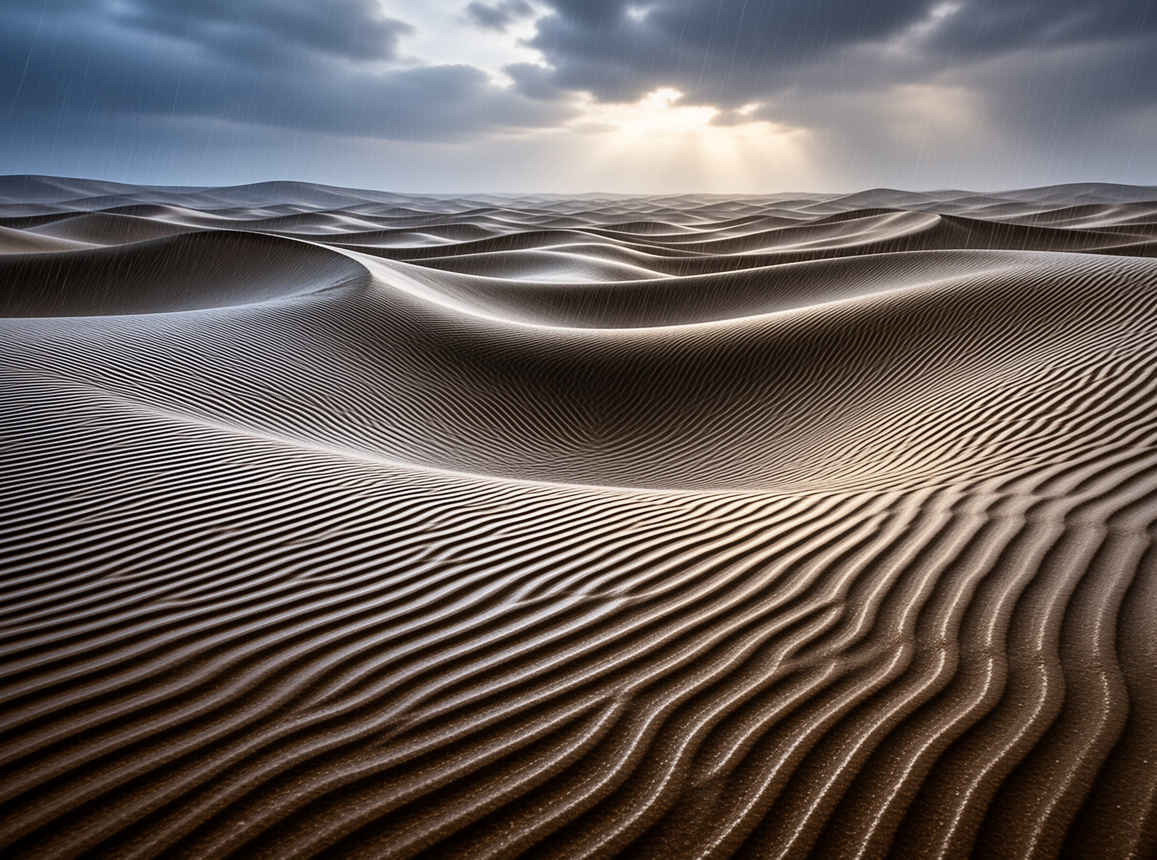 Wind-rippled desert dunes roll toward the horizon as pale sunbeams pierce a low grey storm sky at dusk