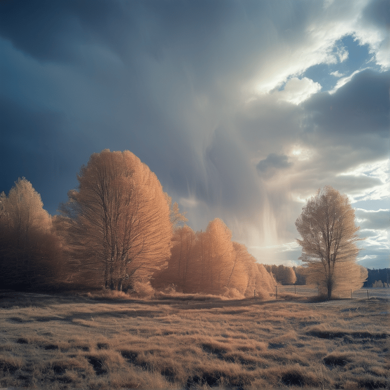 Tall trees with bright leaves stand on a dry grassy plain while rays of light break through heavy clouds.