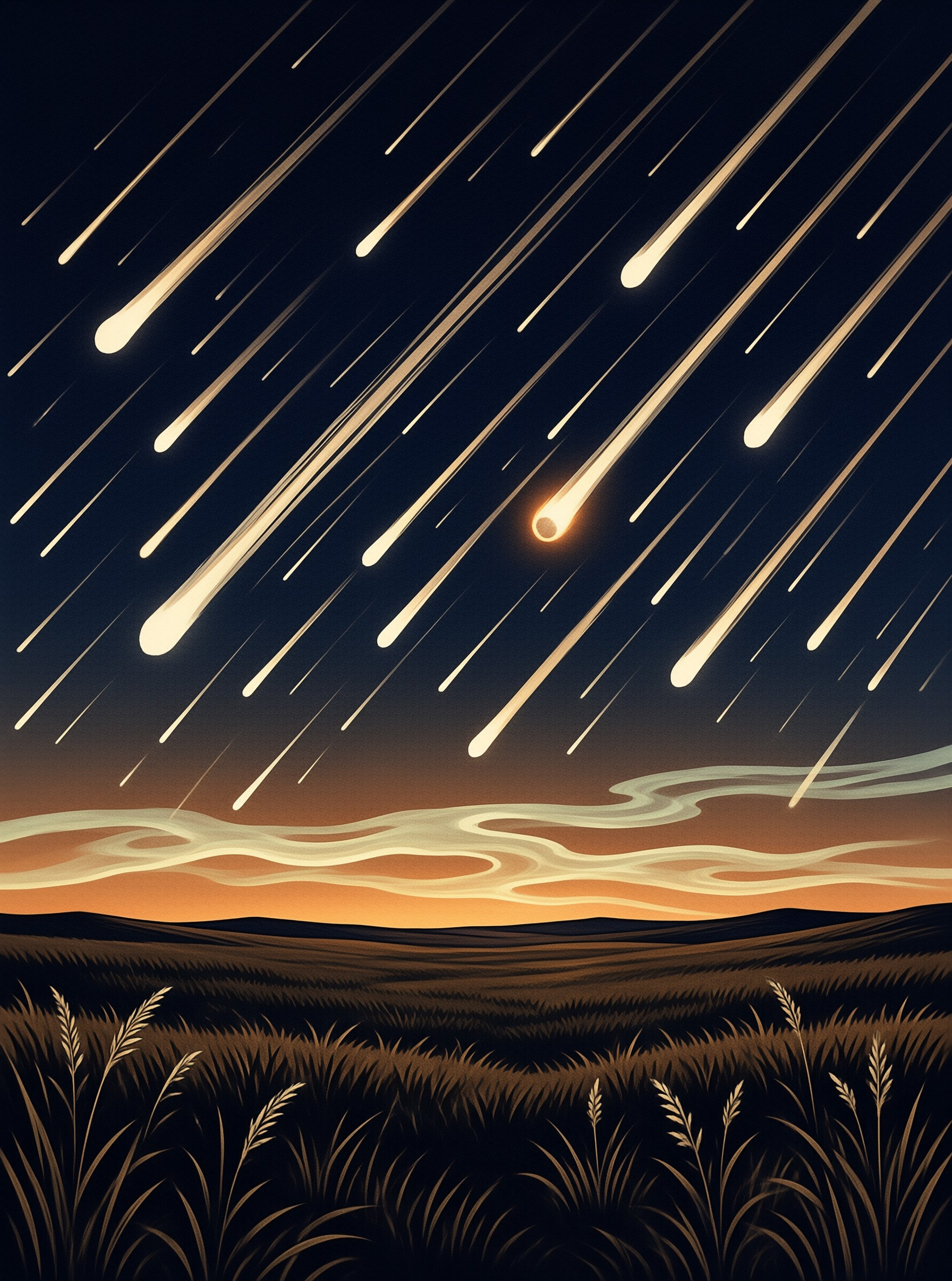 Numerous bright meteors streak diagonally across a dark night sky above silhouetted hills and tall grass.
