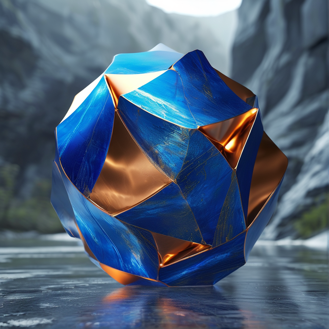 A large faceted object with blue exterior and copper interior sits upon a calm body of water surrounded by rugged grey cliffs under diffused natural lighting.