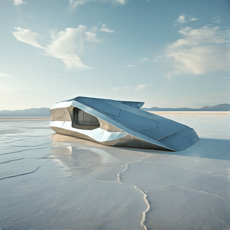 A faceted metallic structure with a curved glass window rests on a cracked white salt plain under a blue sky.