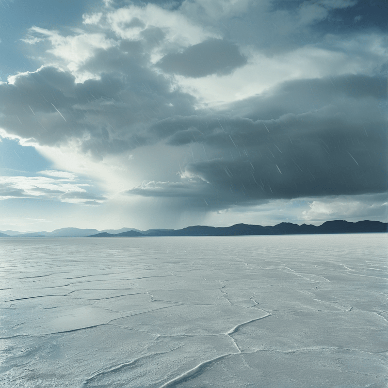 Cracked white terrain stretches toward dark mountains beneath a moody sky with light breaking through heavy storm clouds.