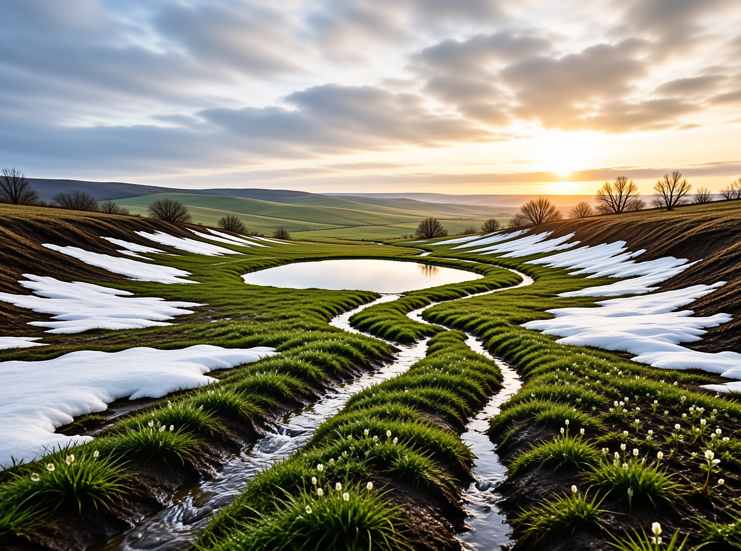 Winding Stream and Snowy Hills
