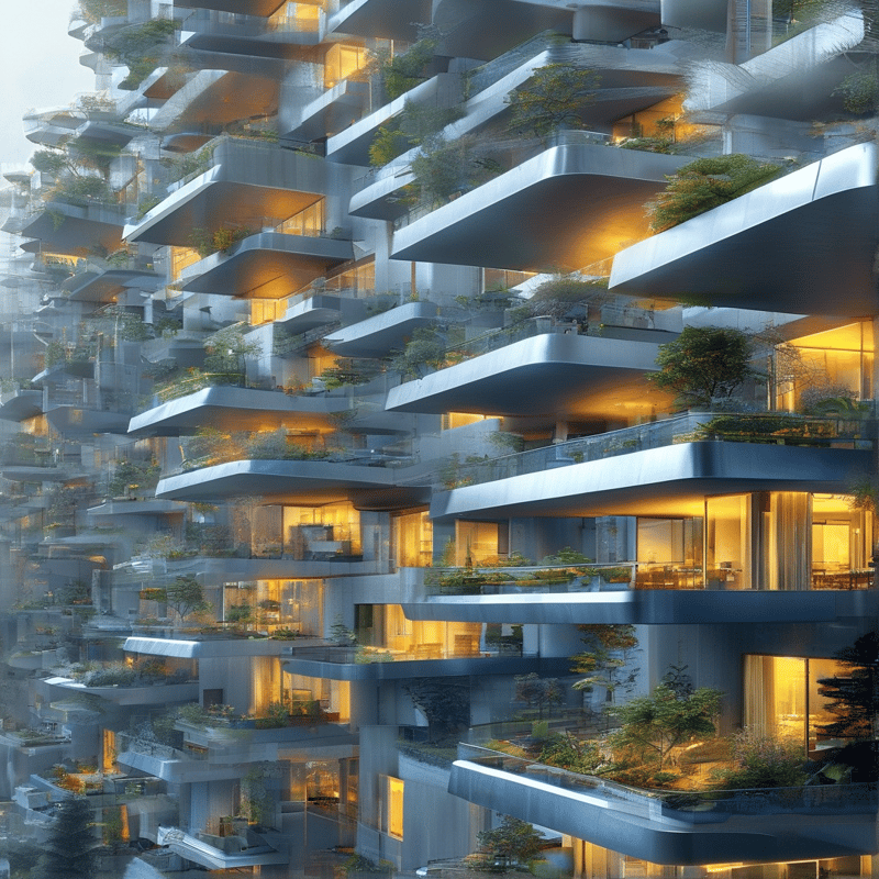 Tower displays staggered balconies with trees and plants while warm light spills from rooms against a misty background.