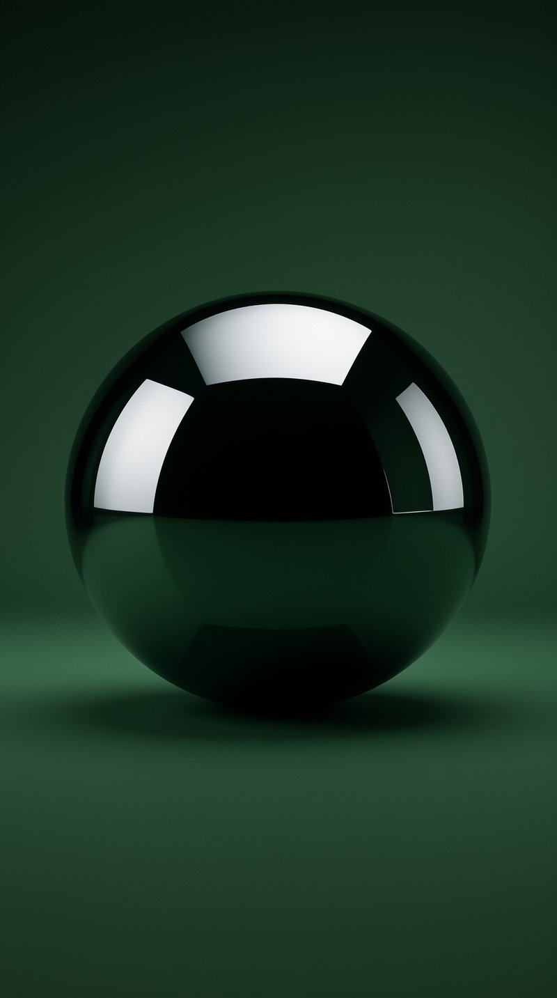 A reflective black orb rests on a seamless dark green backdrop displaying three white highlights along the top curve.