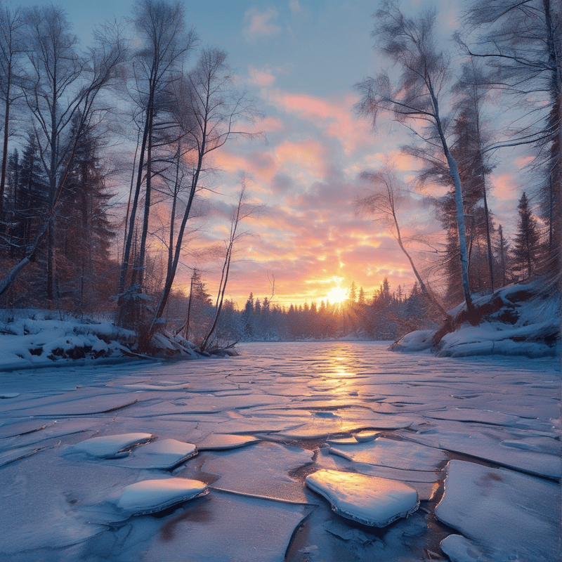 Broken ice on a snowy river reflects the orange glow of the setting sun amidst a forest of bare trees.