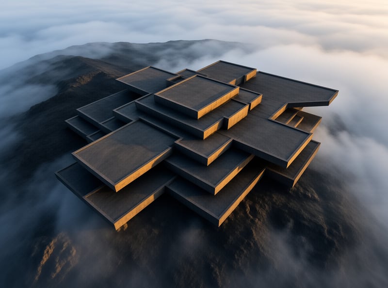 Stacked rectangular concrete slabs form a stepped structure perched on a fog wreathed mountain summit at dusk.