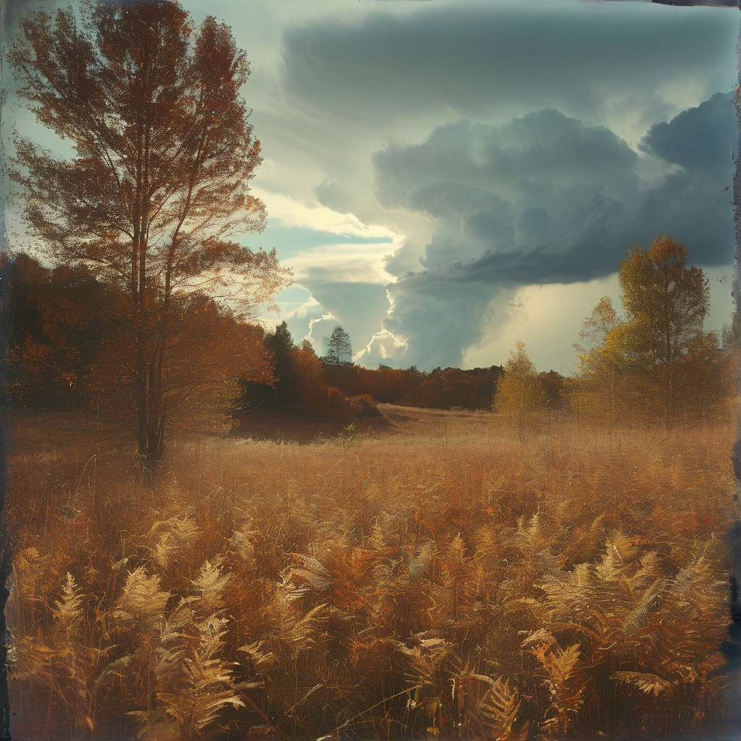 Tall brown ferns fill a field before trees as dark storm clouds break open in the sky.