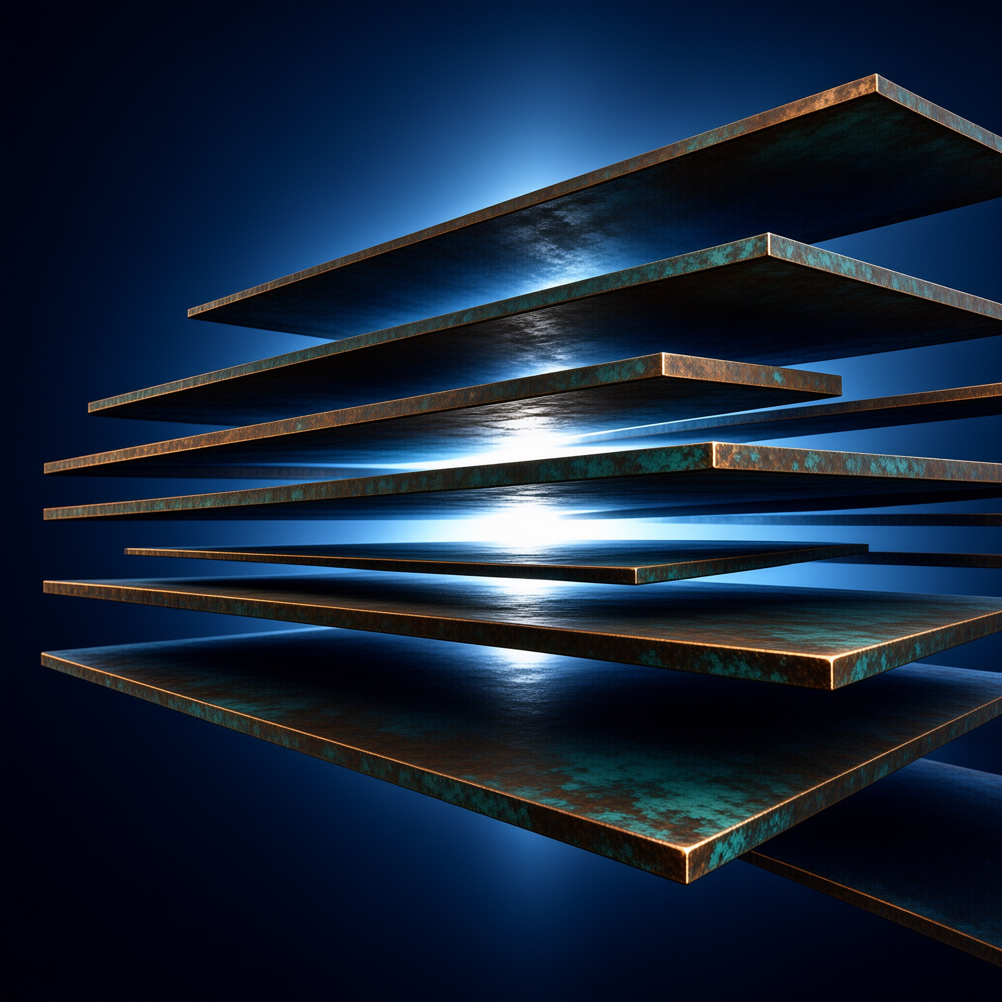 Stacked metallic sheets with patina edges hover apart while a cool white glow pierces through the layers.