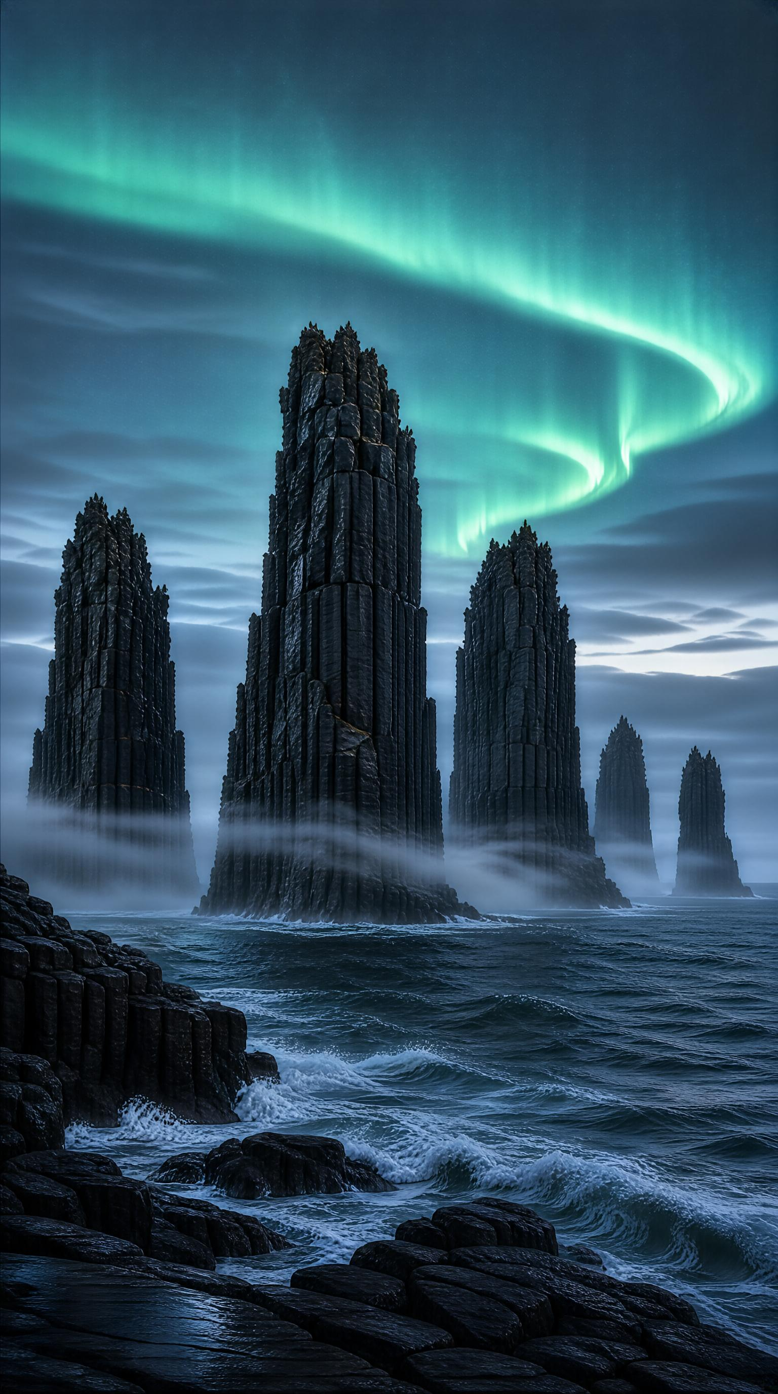 Aurora Above Dark Sea Stacks