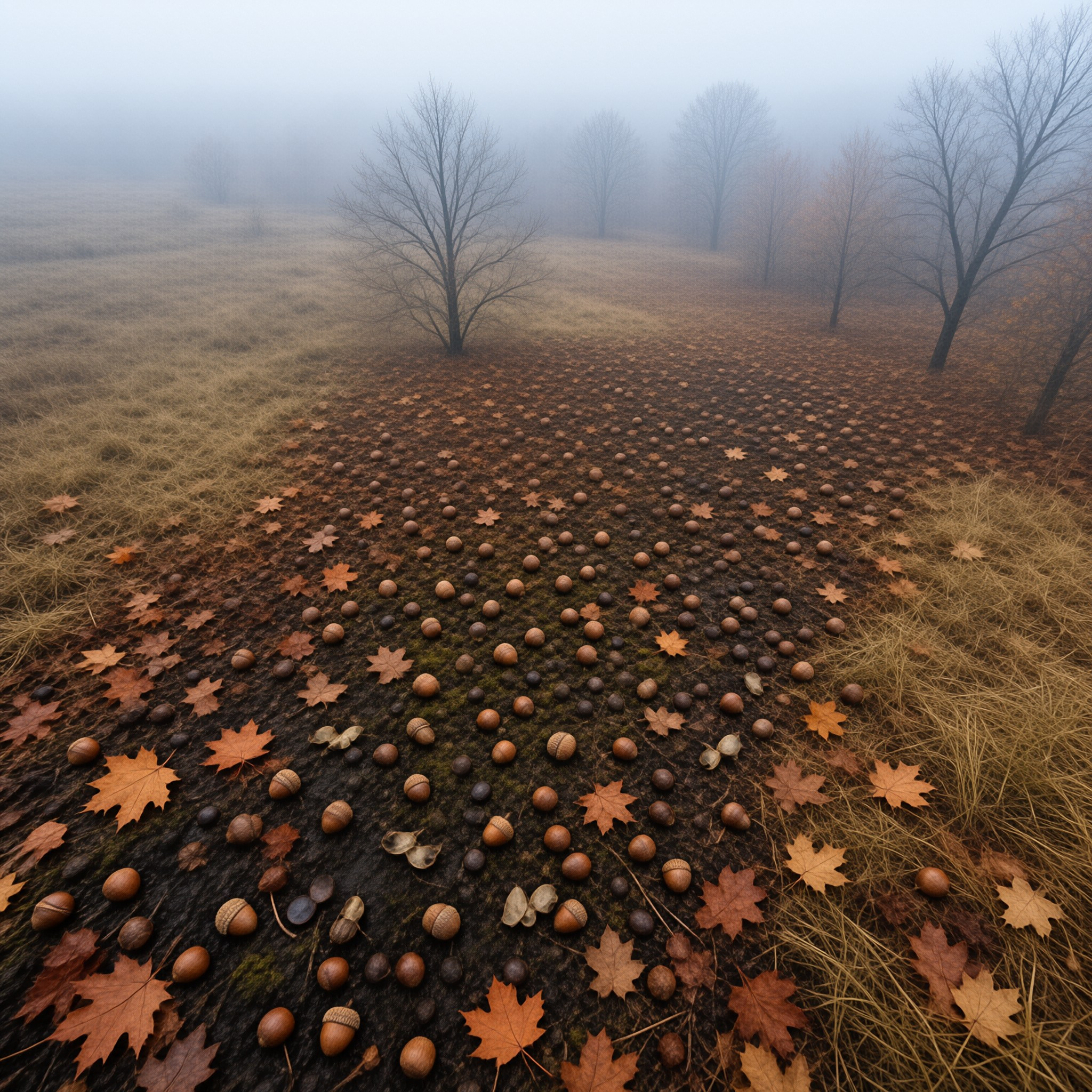 Misty Autumn Path with Acorns