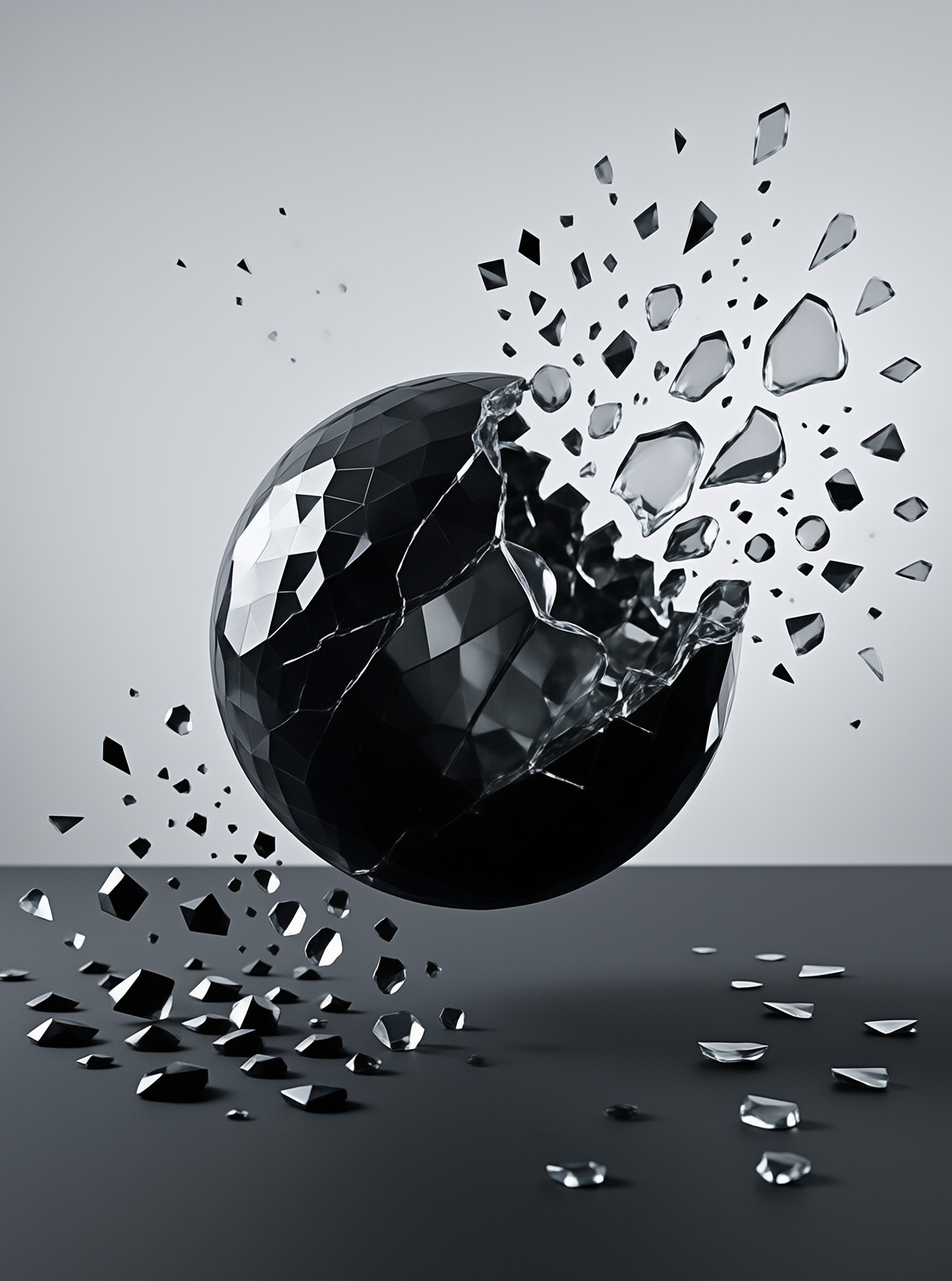 A black faceted sphere in mid-air shatters, sending clear glass fragments flying upwards and scattering across the dark floor.