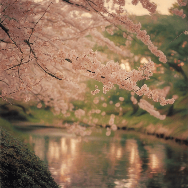 Pink sakura flowers hang from branches above a calm stream where sunlight creates warm reflections on the water.
