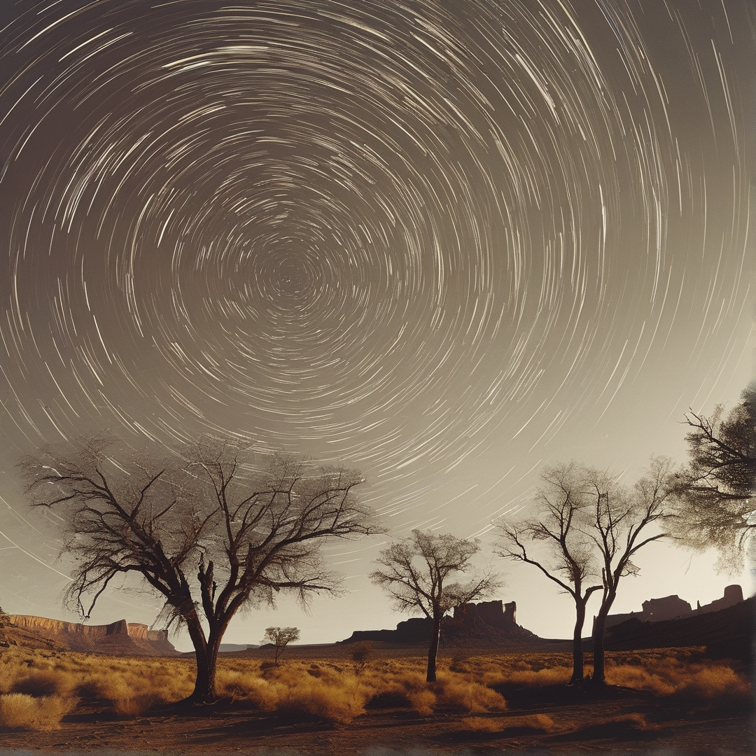 Star trails spin in concentric circles above leafless desert trees and rocky badlands under a sepia toned night sky.