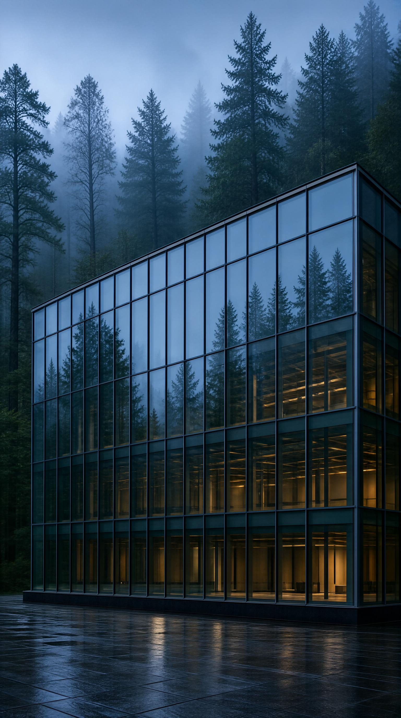 Modern Glass Building in Forest