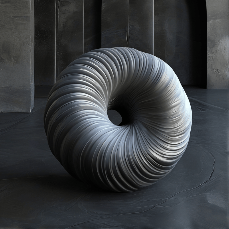 A spirally grooved grey donut form rests on a polished dark floor against tall concrete panels in dim light.