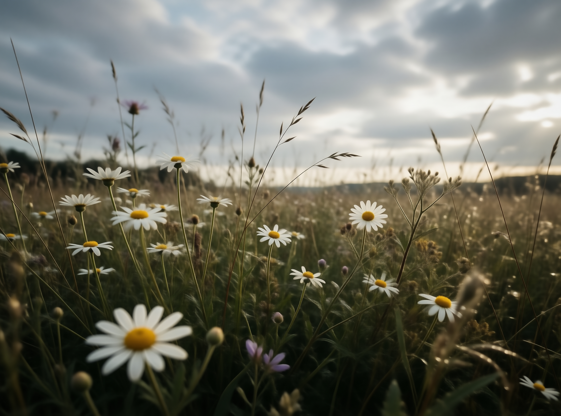 Daisies in a Meadow at Dusk