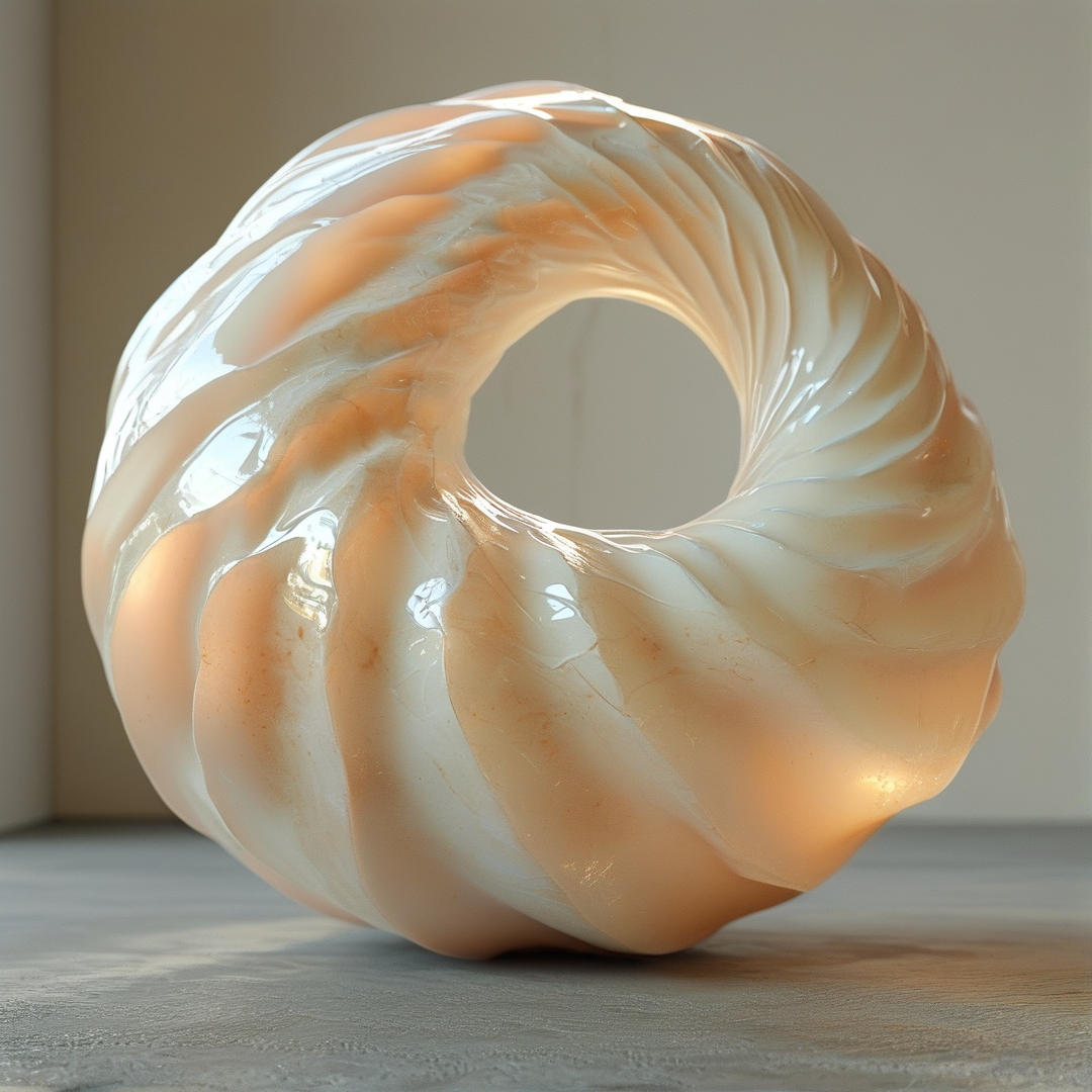 A glossy torus-shaped sculpture with creamy white and peach swirls rests on a wooden surface under soft lighting.