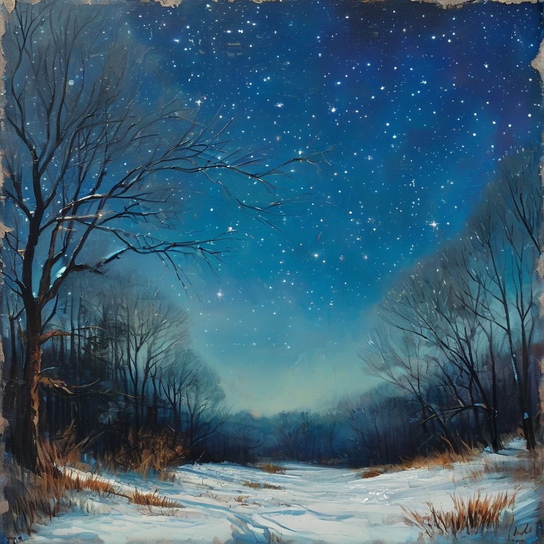 Leafless trees frame a snowy winter path under a vast deep blue sky densely populated with bright twinkling stars.