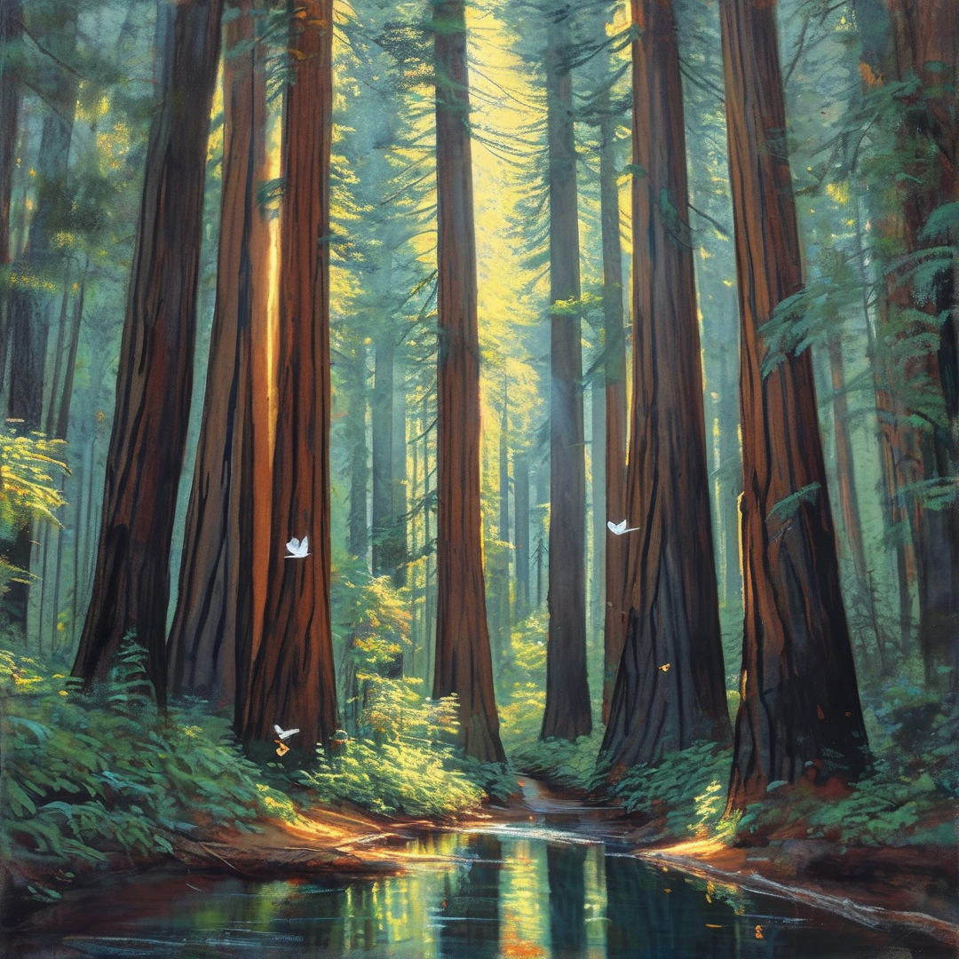 Tall redwoods rise above a fern floor while warm sunlight filters through the canopy and reflects on the water.