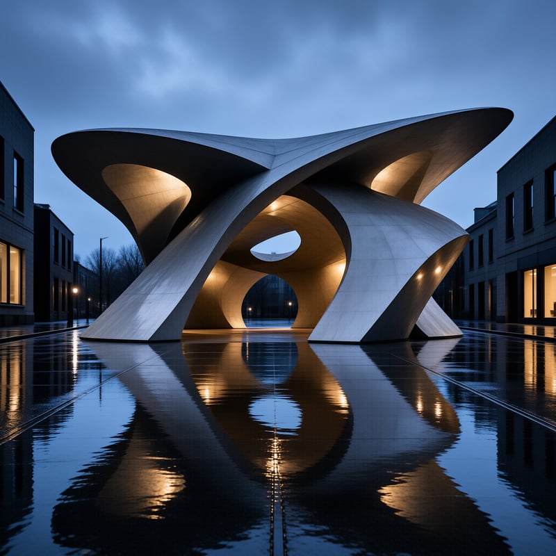 A curved white structure sits on a rain-slicked plaza, casting warm reflections onto the wet ground beneath a blue sky.