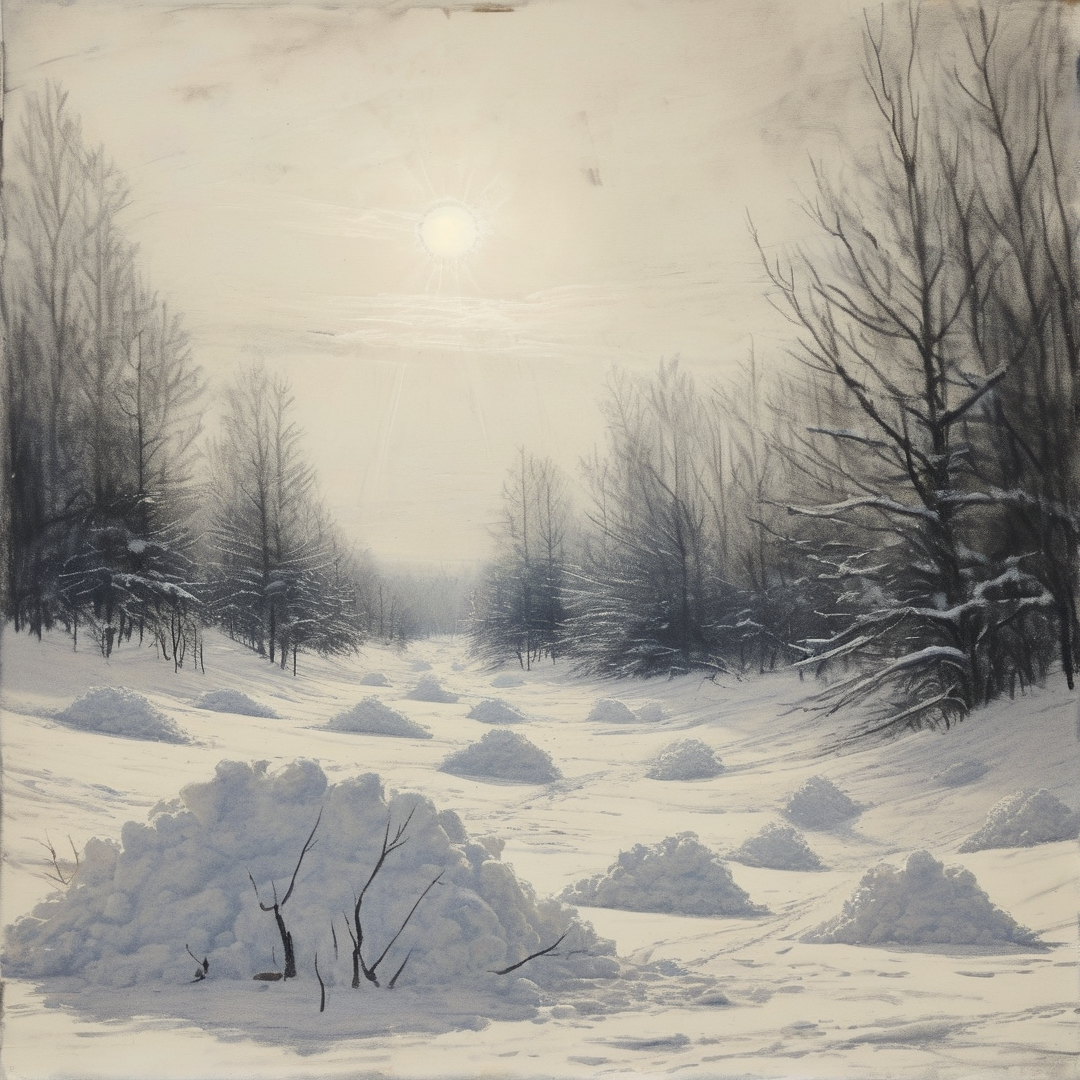 A monochromatic drawing of a snow covered forest path leading toward a bright hazy sun between bare winter trees.