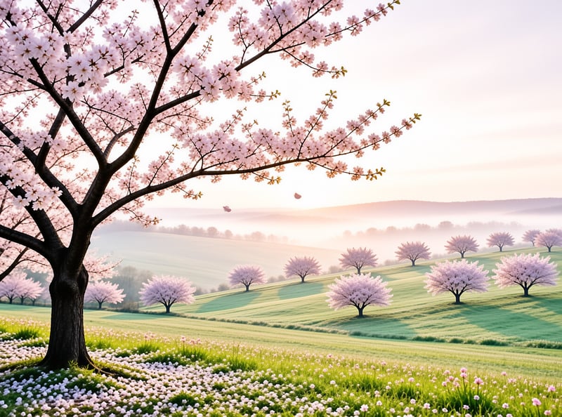 A large pink blossom tree frames rolling green meadows dotted with smaller flowering trees under a pale misty sunrise.