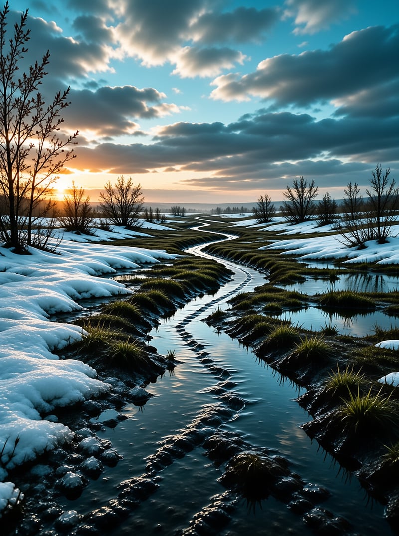 Winter Stream at Sunset