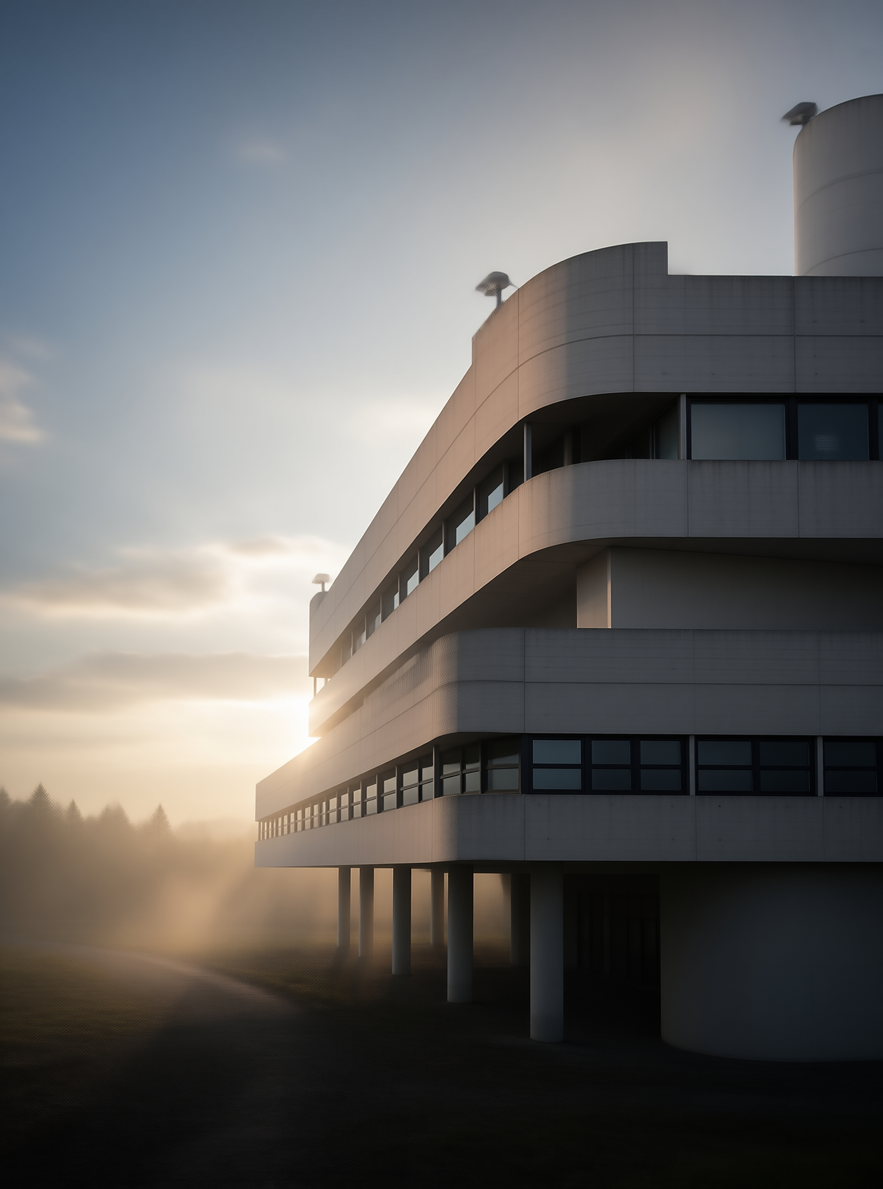 Modern Concrete Building in Morning Fog