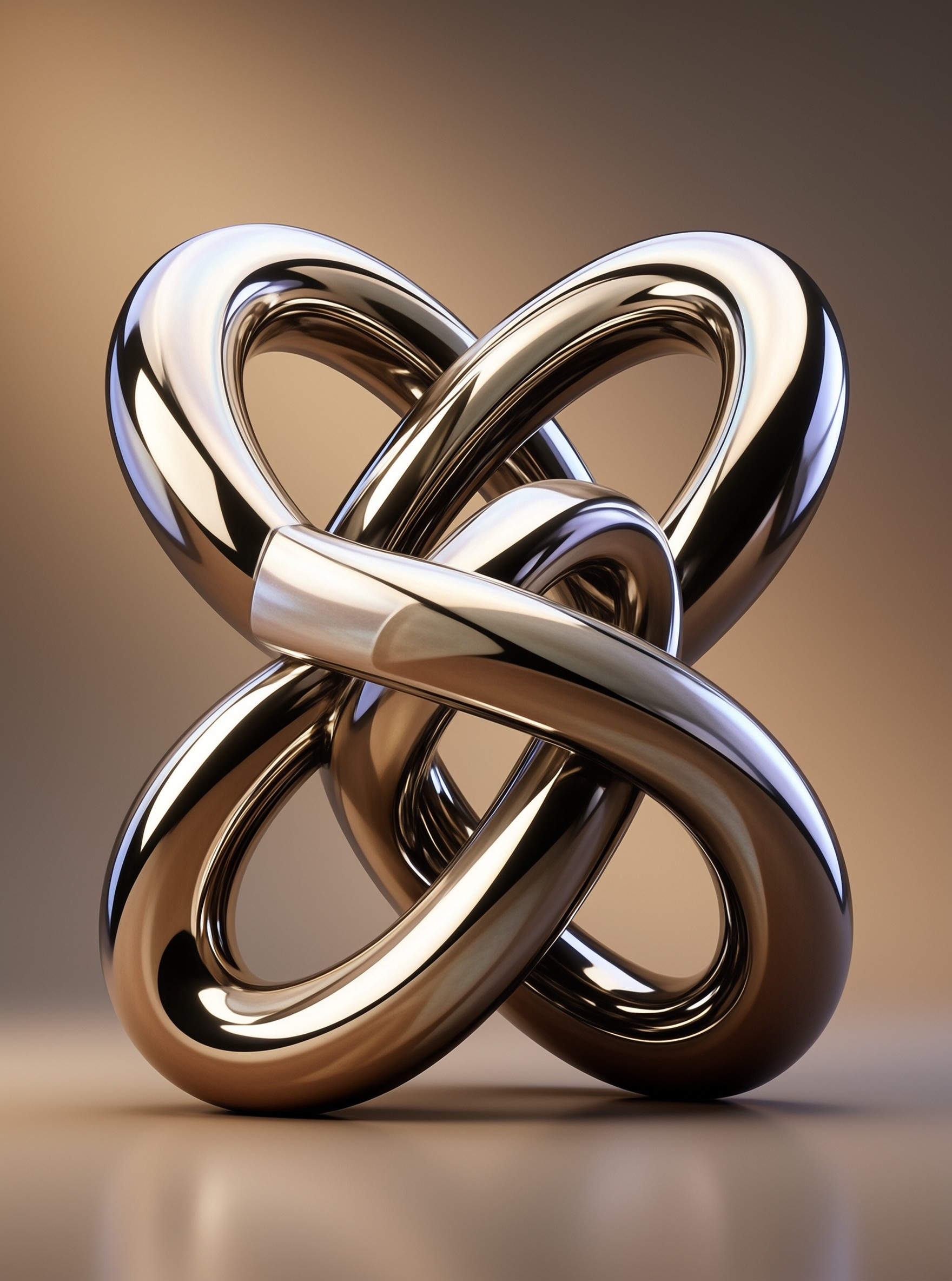 A twisted metallic knot sculpture sits centered within a blurred brown field with bright white highlights.