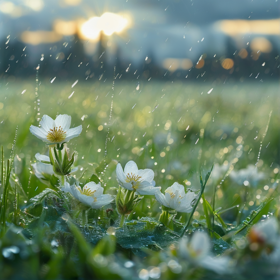 White Flowers in Dewy Field